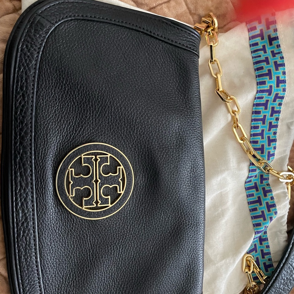 Tory Burch Black Leather Bag with Gold Chain